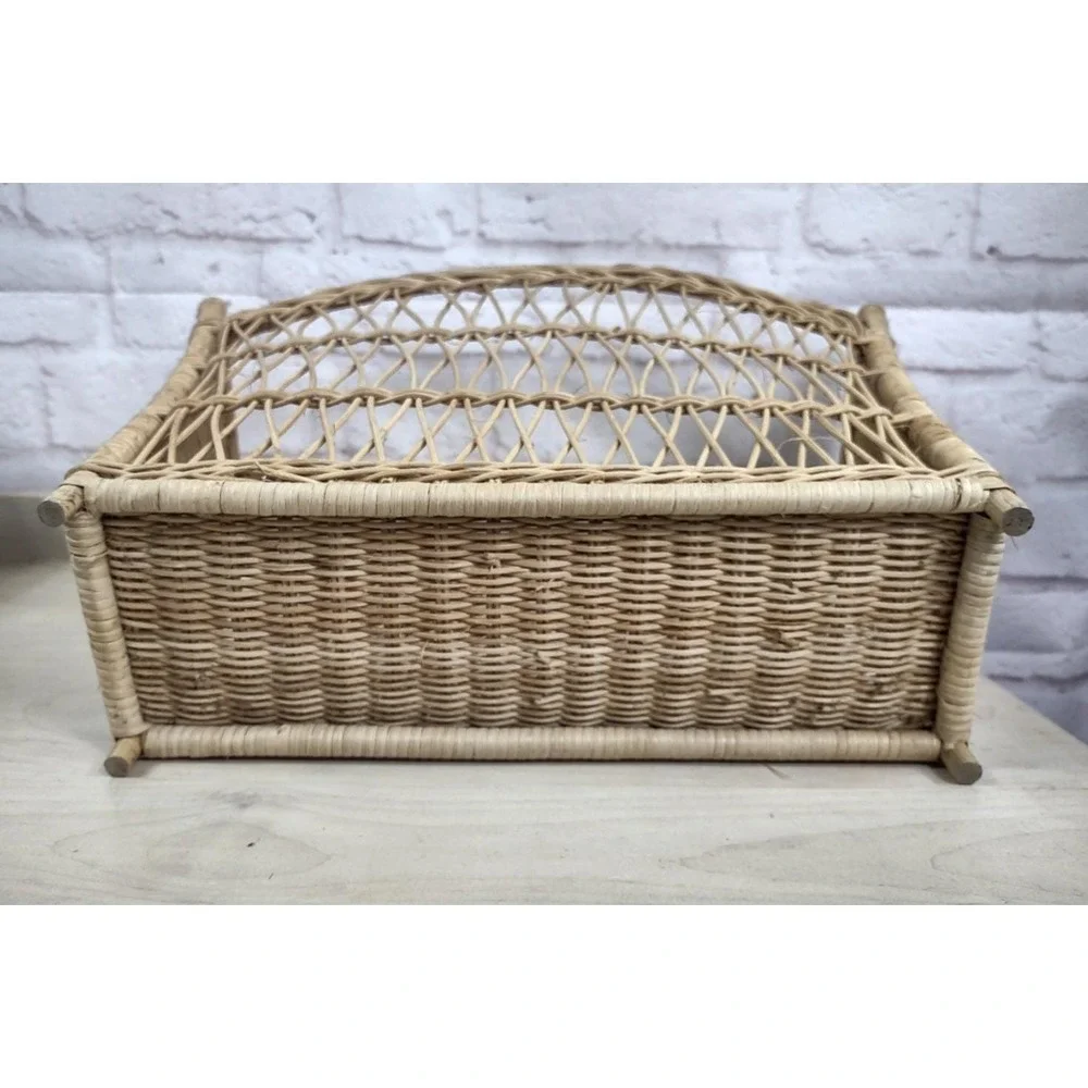 Vtg Wicker Woven Magazine Rack Arched Design Boho Retro Storage